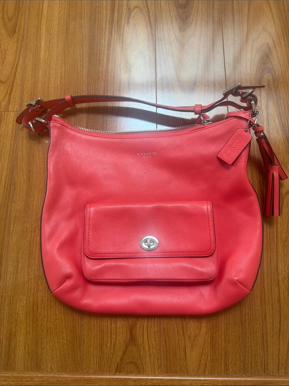 Coach Red Leather Shoulder Bag with Front Pocket and Tassel